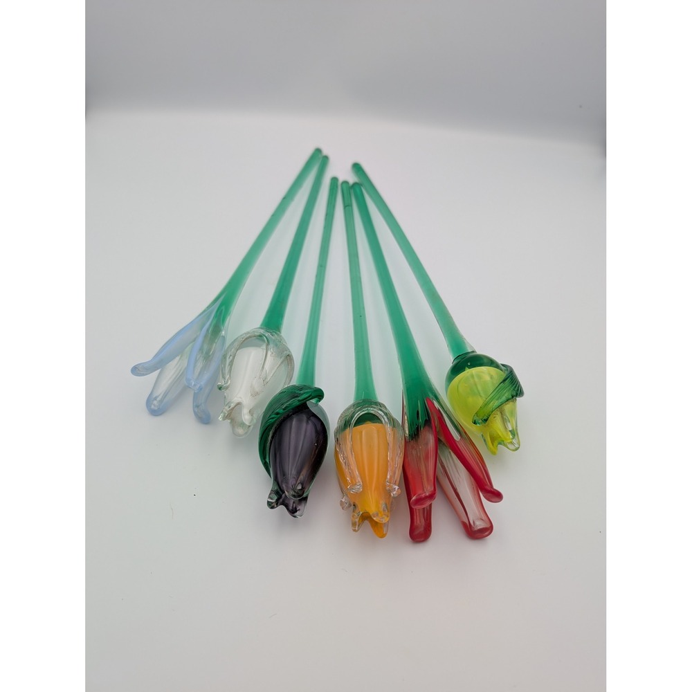6 Vintage Murano Style Hand Blown Art Glass 14" Long Stem Flower Bouquet Tulip